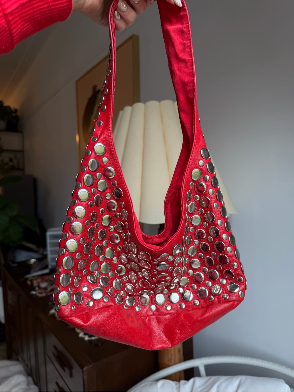 Red Studded Leather Shoulder Bag